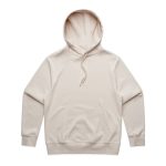 A beige hoodie featuring a front pocket and a drawstring hood. The garment has a branding logo.