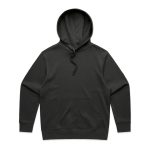 A black hoodie with a spacious front pocket and a drawstring hood. It features a logo on the front.
