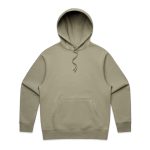 A heavy olive green hoodie with a front pocket and an adjustable drawstring hood. It features a logo on it.