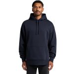 A navy blue hoodie with a front pocket and a drawstring hood, featuring a small logo.