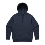 A navy blue hoodie with a front pocket and an adjustable hood. The hoodie has a logo on it.