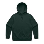 A dark green hoodie featuring a front pocket and a drawstring hood, with a logo present.