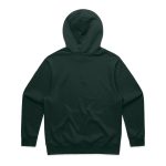 A dark green hoodie featuring a spacious hood and an unembellished back design.