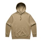 A beige hoodie with a front pocket and adjustable drawstring hood. The garment features a logo.