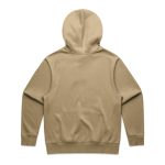 A beige hoodie featuring a hood and a simple design on the back, with a logo present.
