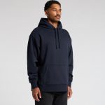A navy blue hoodie with a front pocket and a large hood appears on a model. It features a logo on the chest.