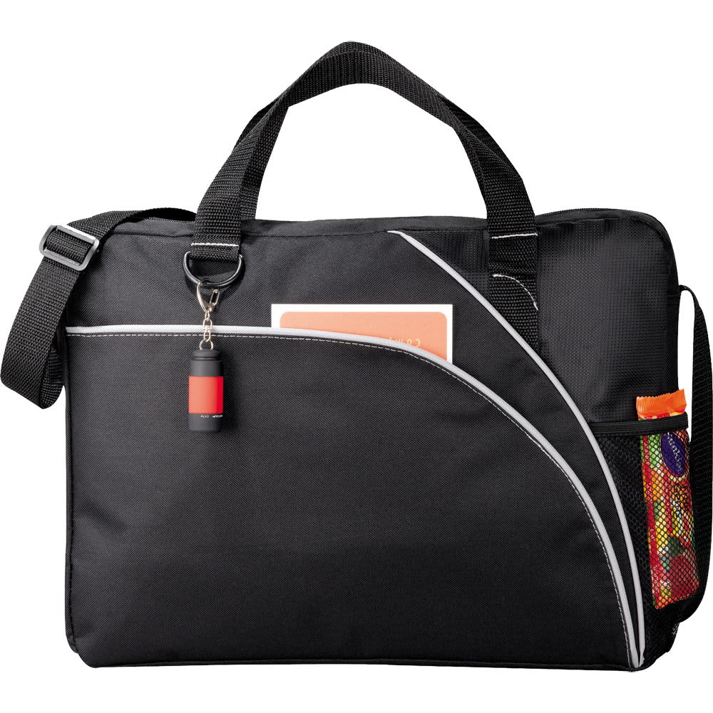 A laptop bag in black with a colourful side pocket and a detachable keychain, featuring a shoulder strap and handle. Double Curve Conference Bag 10L - Image 1