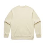 A cream-coloured sweater with a simple design and a logo on the back.
