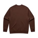 A brown sweater with long sleeves and a crew neckline. Features a plain back and includes a logo.