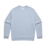 A light blue sweater featuring a round neckline and long sleeves, with a small logo on the label.