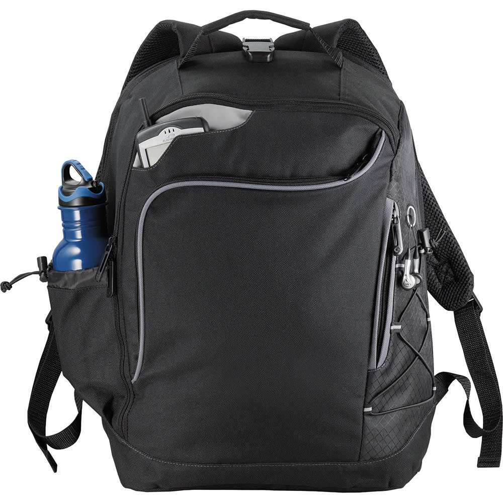 A black computer backpack featuring multiple pockets, a side drink bottle holder, and a logo. Summit TSA 15" 26L Computer Backpack - Image 1