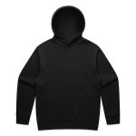 A black hoodie featuring a front pocket and a large hood, with a subtle logo on the design.