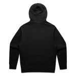 A black hoodie is displayed, featuring a hood and long sleeves. The back view emphasizes its simple design.