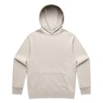A beige hoodie with a front pocket and a large hood. The garment features a logo on the front.
