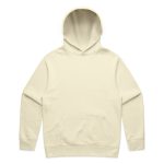 A cream-coloured hoodie with a front pocket and a hood, featuring a logo on the front.
