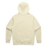 A beige hoodie with a large hood and long sleeves, featuring a plain back design and a small logo.
