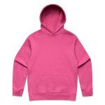 A pink hoodie with a front pocket and a drawstring hood. It features a logo on one side.