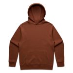 A brown hoodie with a front pocket and an attached hood, featuring a logo on the front.