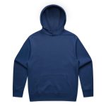 A navy blue hoodie with a kangaroo pocket and a large hood, featuring a logo on the front.