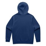 A navy hoodie featuring a spacious back design and a hood. It includes a logo detail.