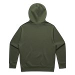 A green hoodie with a hood, featuring long sleeves and a plain back design. It includes a logo.