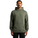 A green hoodie with a front pocket and a hood, featuring a logo. The model is standing upright.