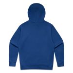 A blue hoodie with a plain back design and a hood. It includes a branding logo on the fabric.