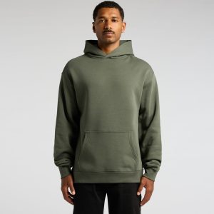 A green hoodie featuring a front pocket and a hood, worn by a model against a plain background.