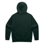 A dark green hoodie featuring a hood and long sleeves, with a plain back design. It has a logo on the back.