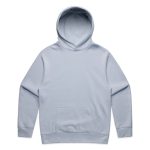 A light blue hoodie featuring a front pocket and a hood. It includes a logo but no visible text.