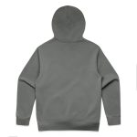 A grey hoodie with a hood and ribbed cuffs, featuring a plain back design and no visible branding.