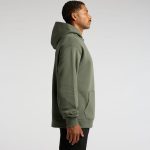 A green hoodie with a large front pocket and an attached hood, viewed from the side. Includes a logo on the chest.