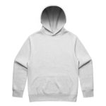 A light grey hoodie featuring a large front pocket and a classic hood design. It has a logo on the front.