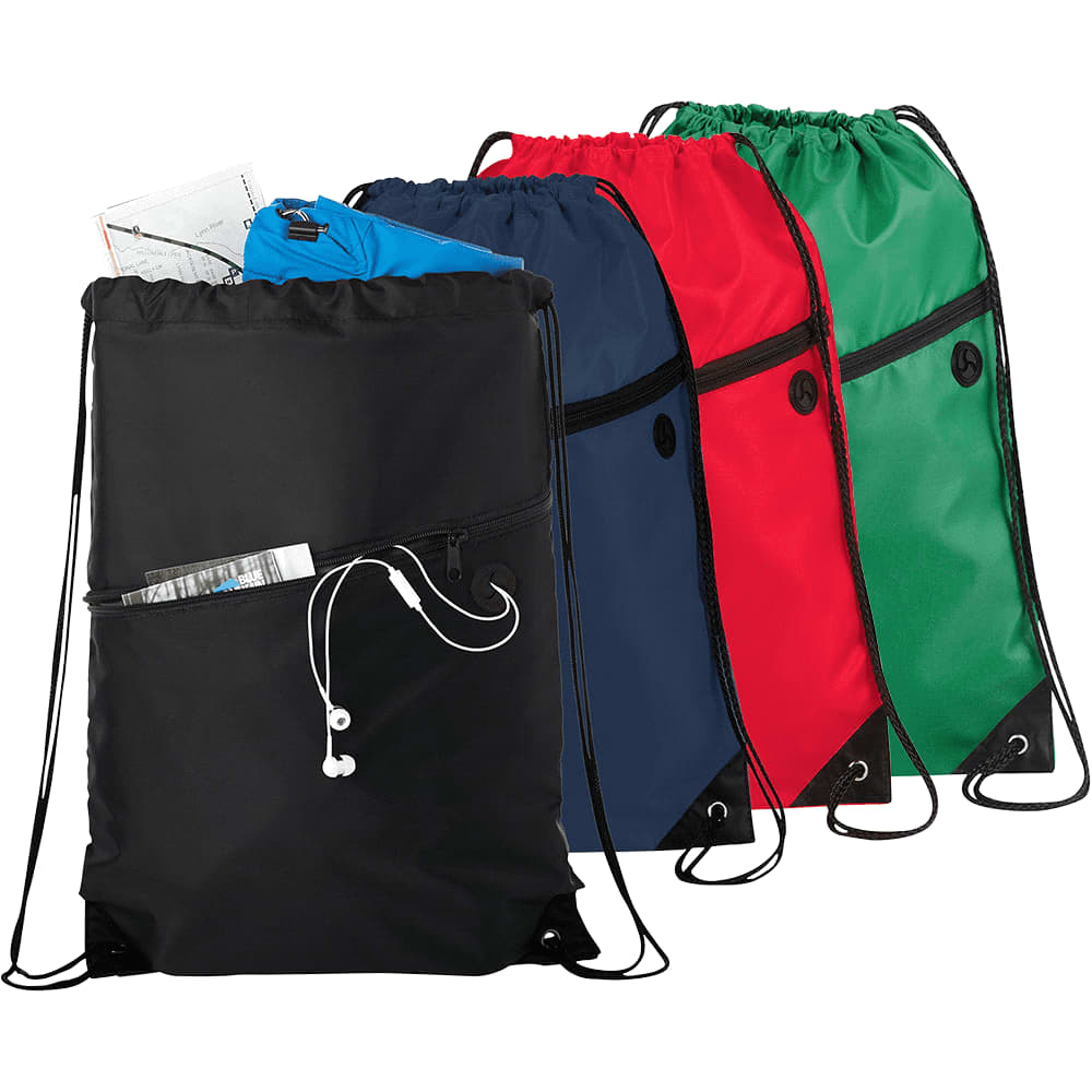 Four drawstring bags in black, navy, red, and green, featuring a front zip pocket and a logo. Robin Drawstring Bag - Image 1