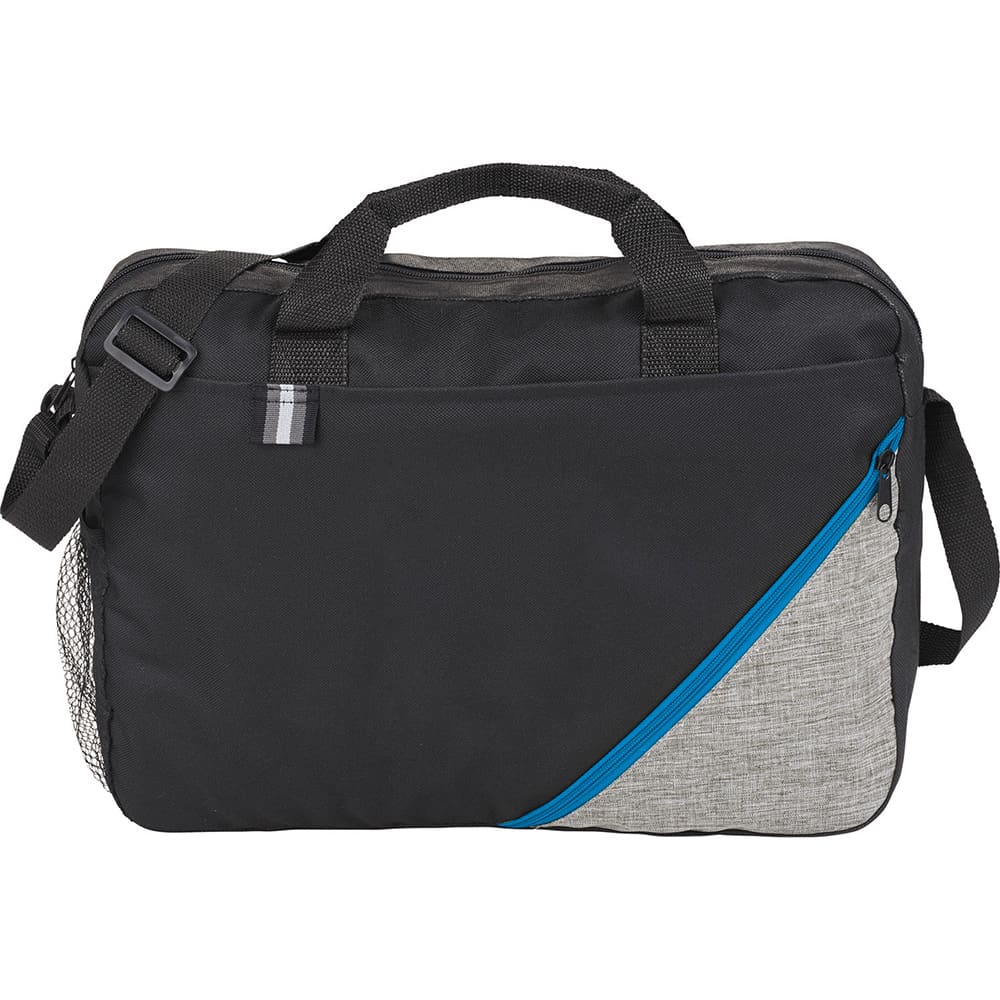 A black and grey laptop briefcase with a blue zip detail and a mesh pocket. Features dual handles and a detachable strap. Corner Pocket Con Briefcase 8L - Image 1
