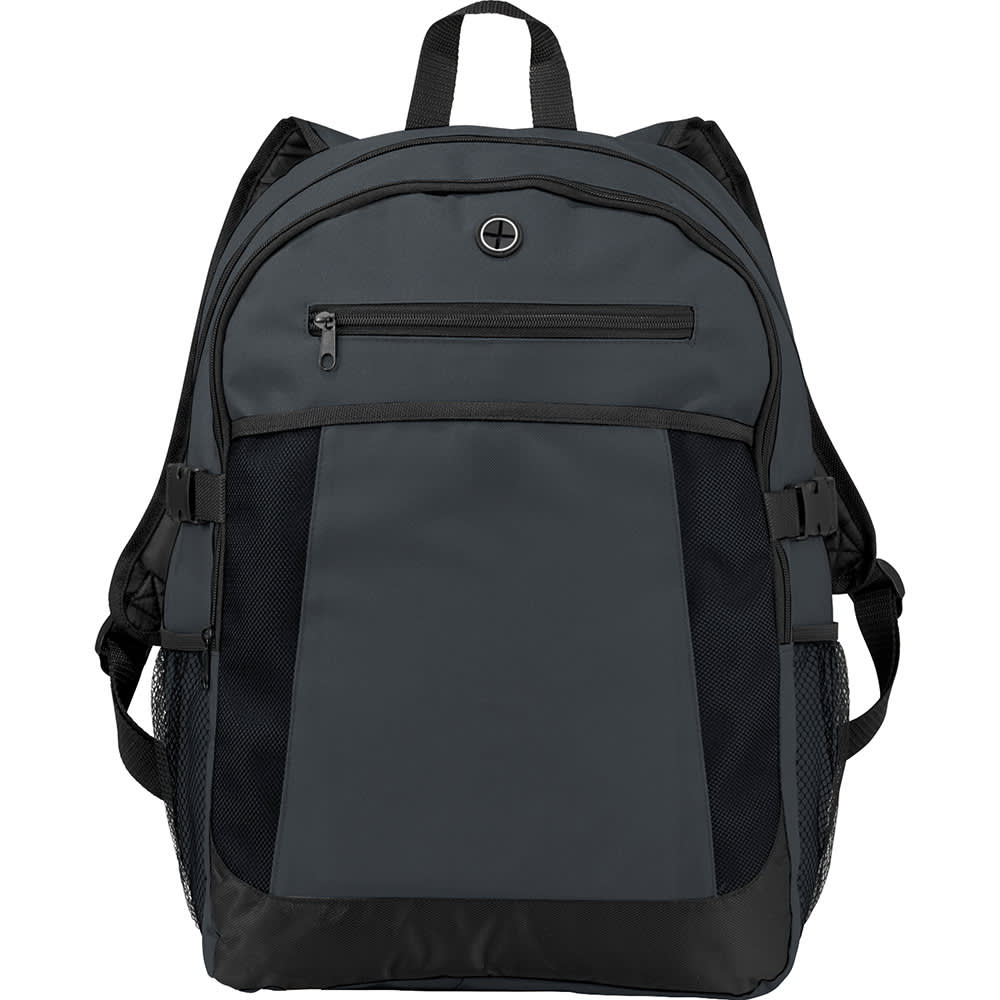 A grey expandable 15" computer backpack with mesh side pockets and a logo on the front. Expandable 15" 27L Computer Backpack - Image 1