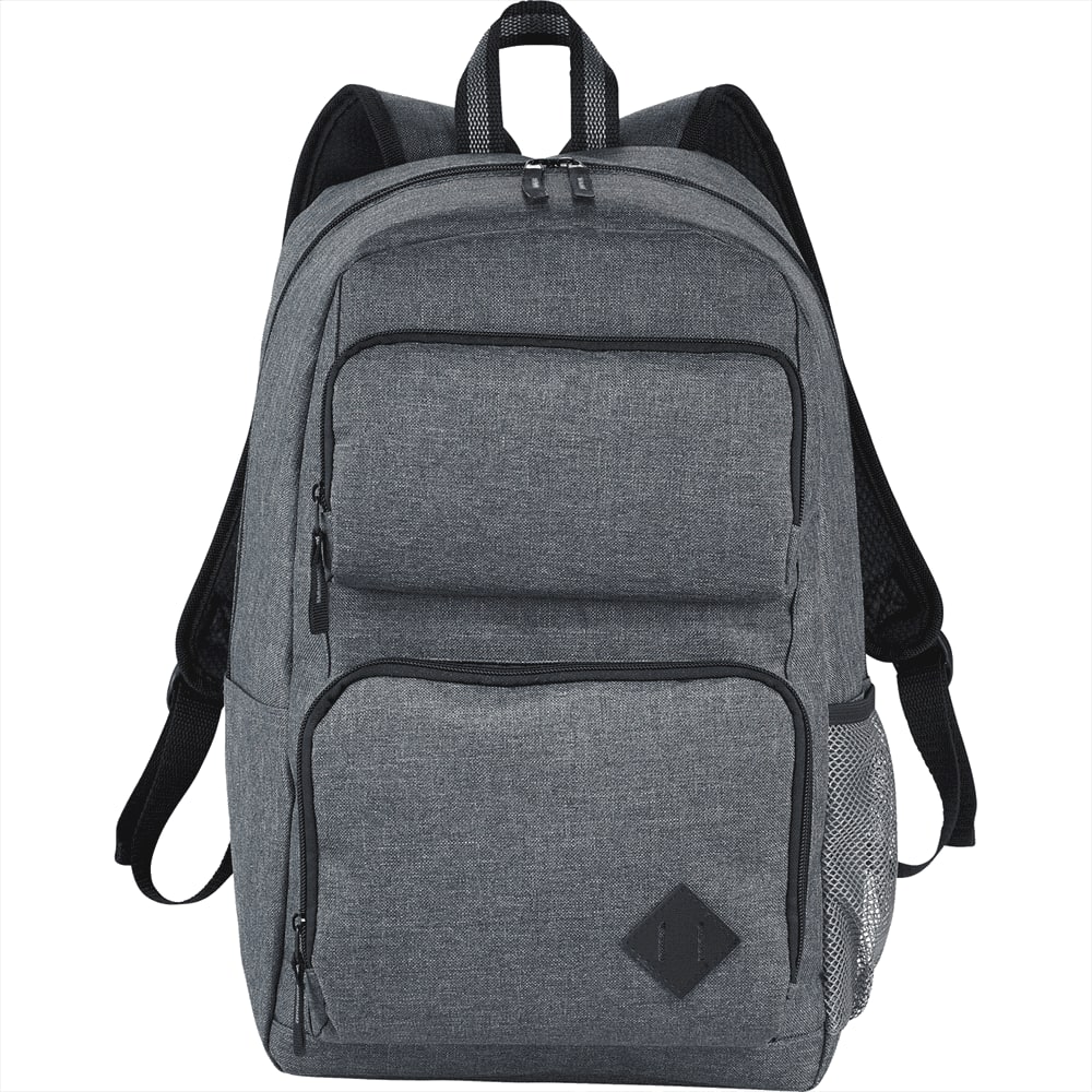 A grey computer backpack with multiple pockets, adjustable straps, and a mesh side pocket. Features a logo. Graphite Deluxe 15" 22L Computer Backpack - Image 1