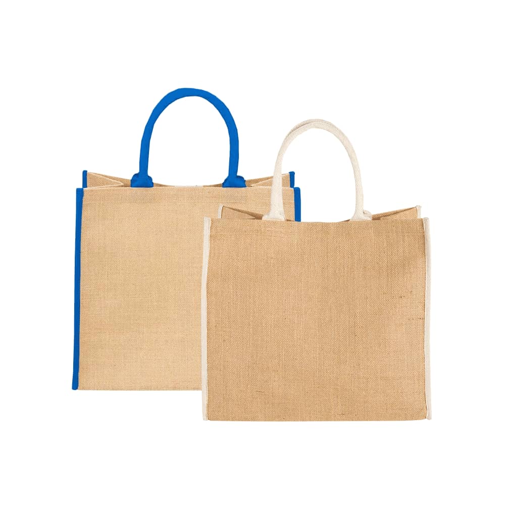 Large jute tote bags in natural with blue and white handles, featuring branding on one side. Large Jute Tote 28L - Image 1