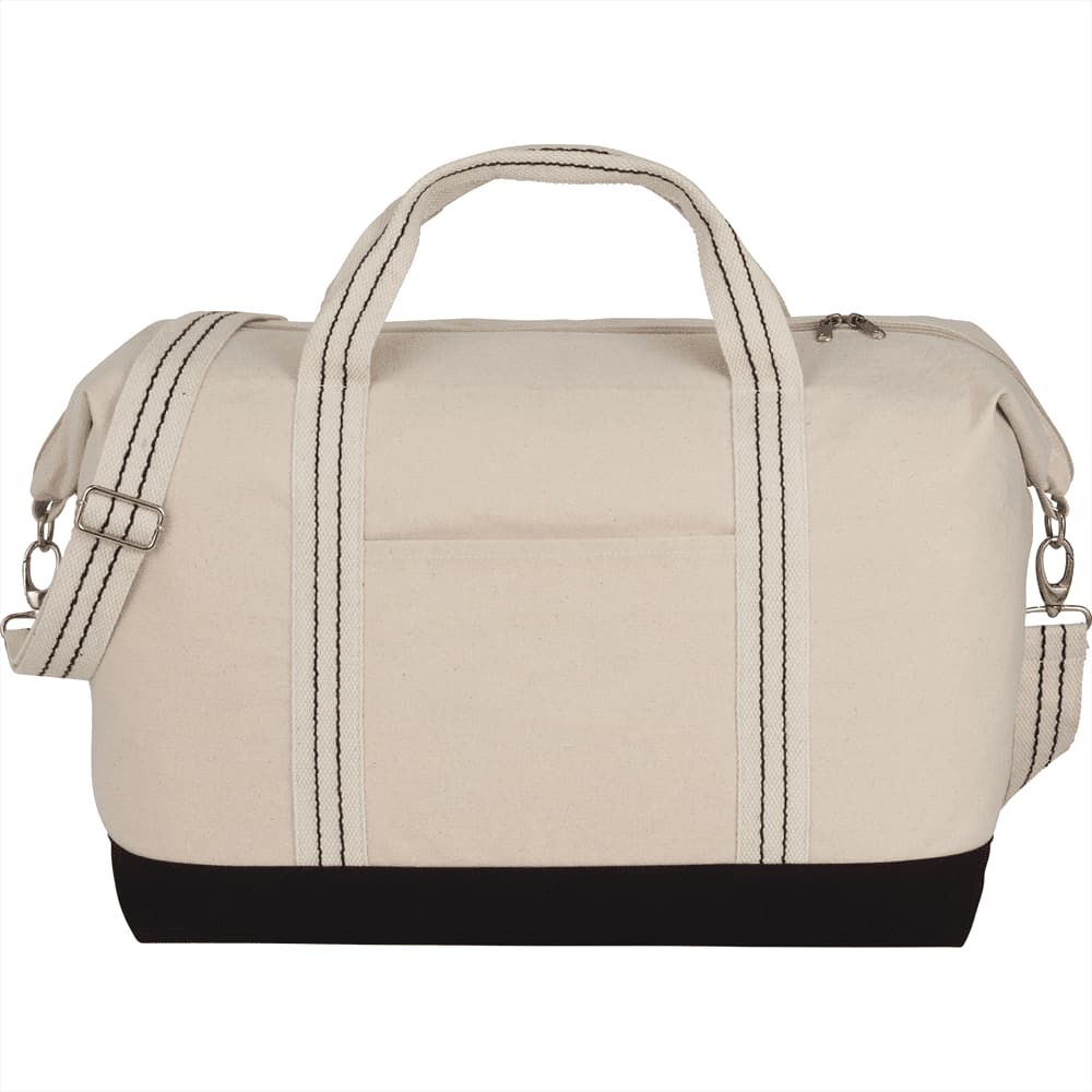 A cotton canvas duffel bag in cream and black, featuring dual handles and a shoulder strap, with a logo. Top Sail Cotton Canvas Duffel 38L - Image 1