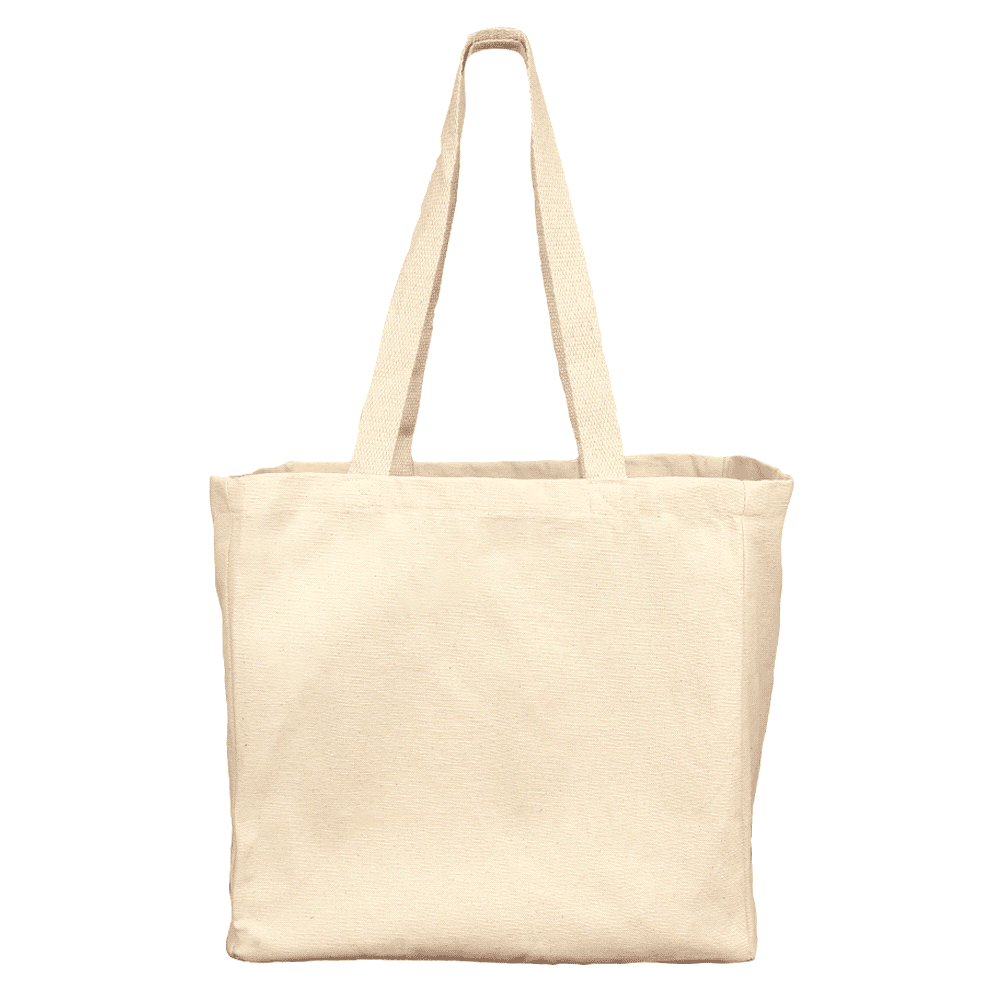 A cream-coloured reusable grocery bag with two sturdy handles and a simple design. It features a logo on one side. Essential Cotton Grocery Tote - Image 1