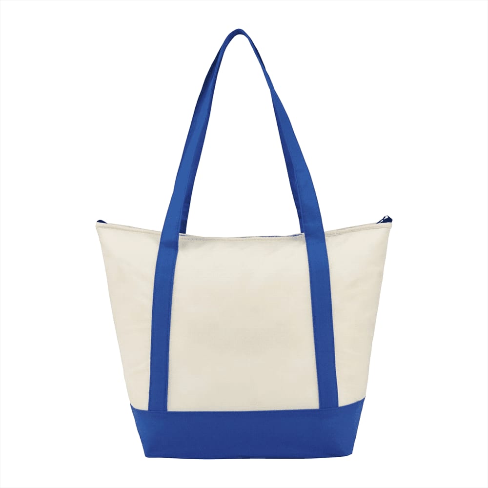 A cream and blue non-woven tote cooler bag with two blue handles and a zip closure. It has a logo on one side. Lighthouse 24-Can Non-Woven Tote Cooler 24L - Image 1