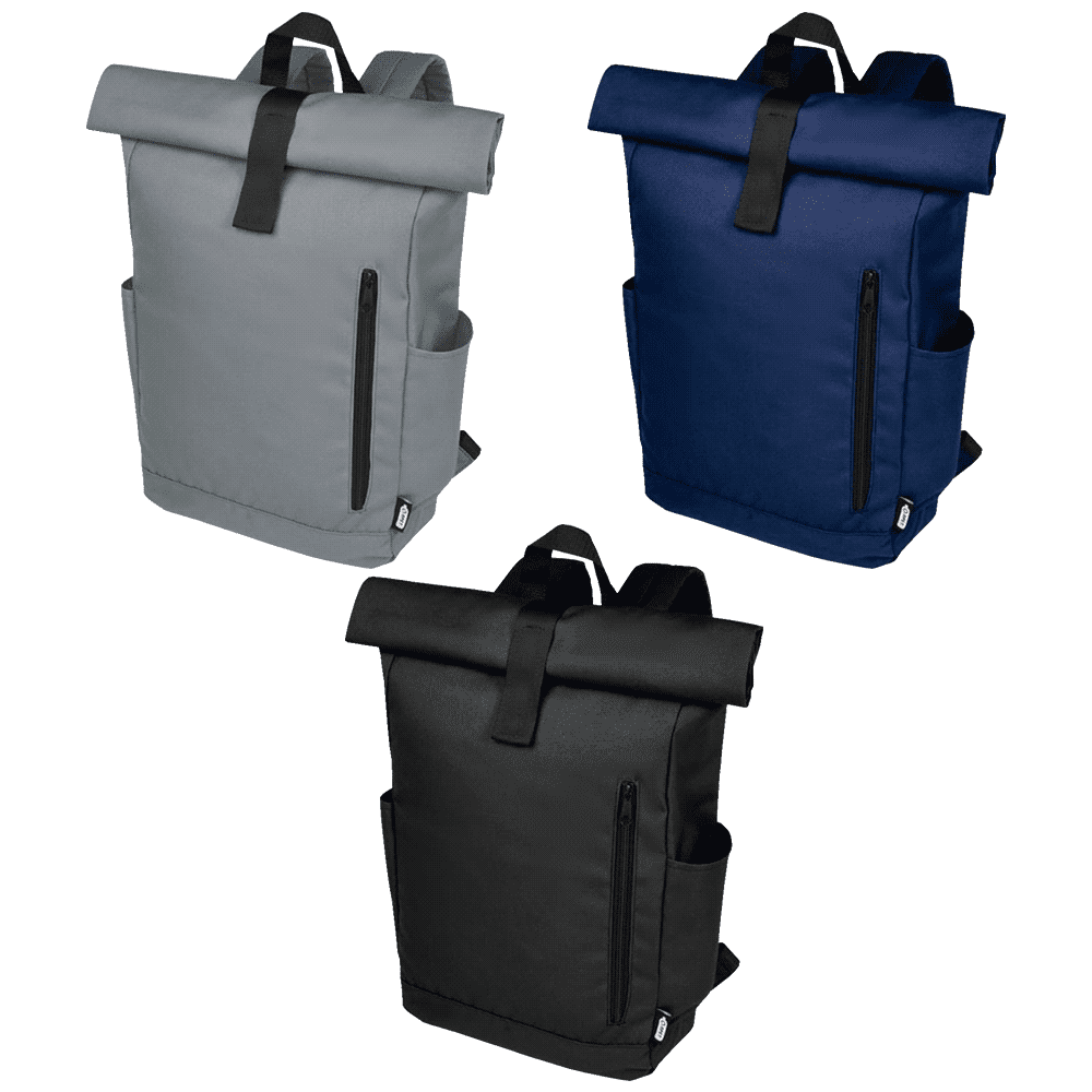 A roll-top backpack featuring grey, navy, and black colours, with side pockets and a logo. Byron 15.6" GRS RPET Roll-Top Backpack 18L - Image 1
