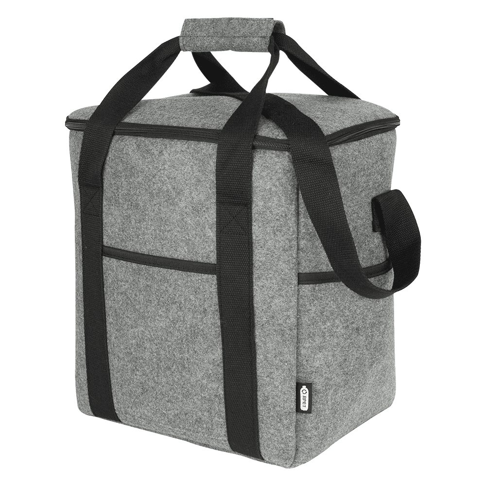 A grey felt cooler bag with black straps and handles, featuring two side pockets. It has a square shape and a lid. Felta GRS Recycled Felt Bottle Cooler Bag 21L - Image 1