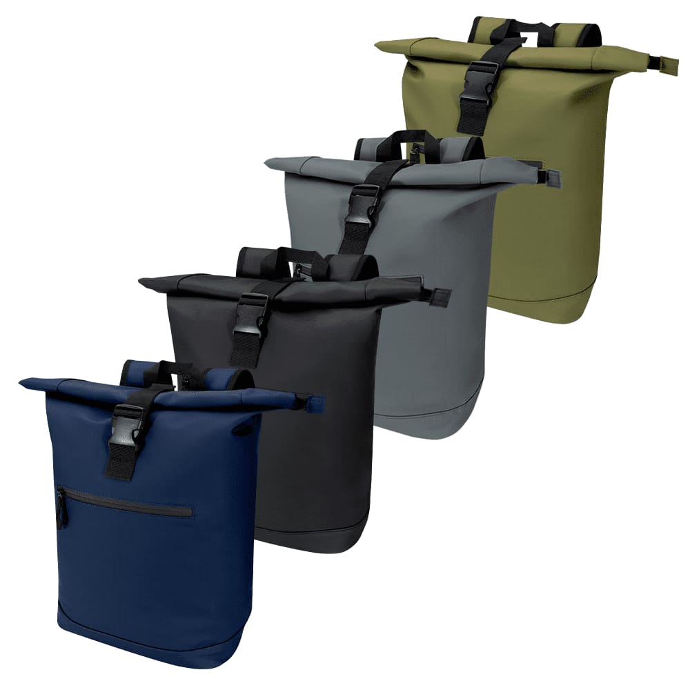 Four roll-top backpacks in navy, black, grey, and olive green, featuring adjustable straps and buckle closures. Resi Recycled Roll-Top 18L Backpack - Image 1