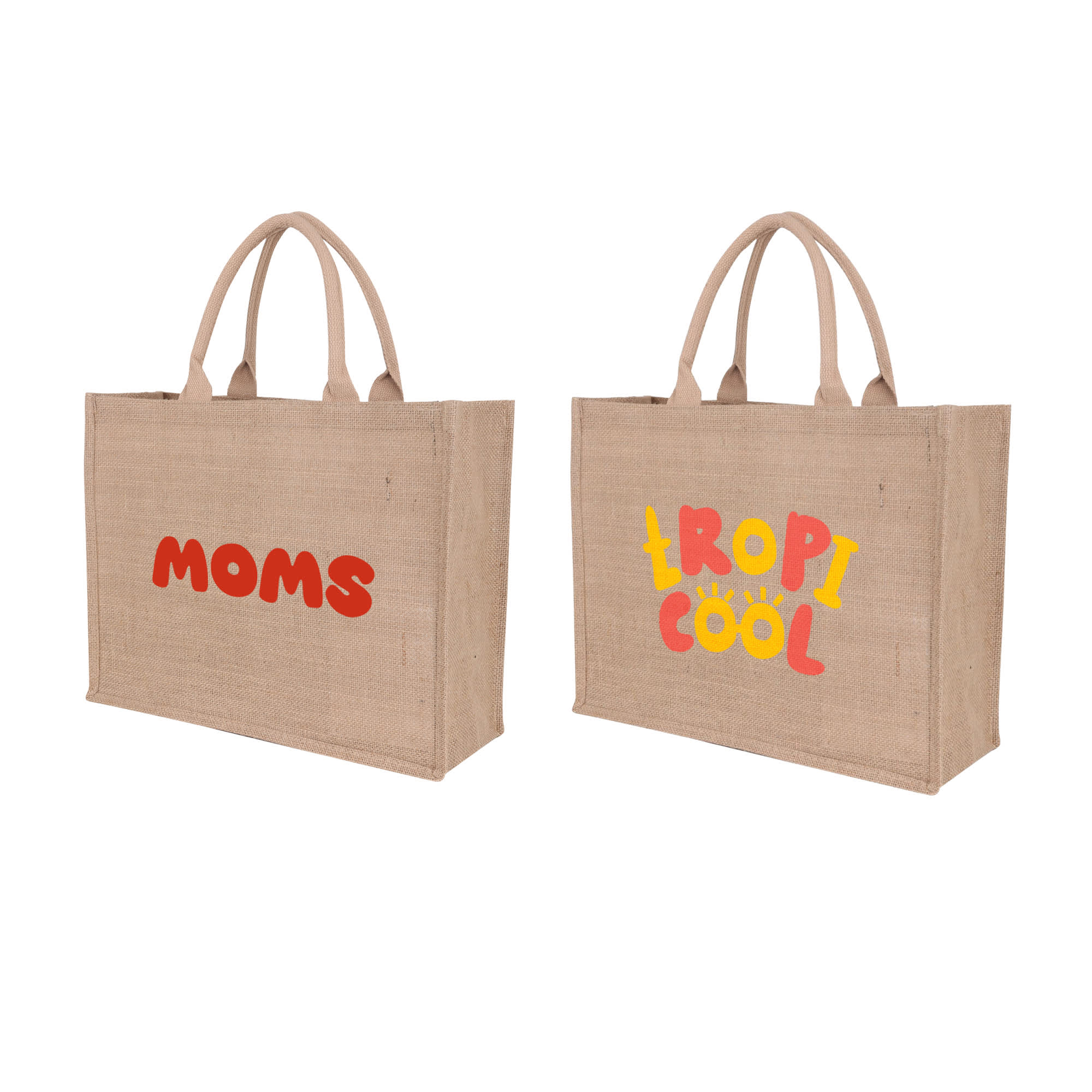 Natural jute tote bag in beige, featuring a logo on one side and bold, colourful text on the other. Natural Jute Tote Bag - Image 1