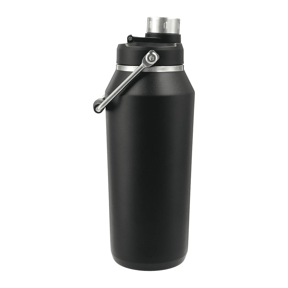A drink bottle in matte black with a silver cap and handle, featuring a logo on the body. Vasco Copper Vacuum Insulated Bottle 1.1L - Image 1
