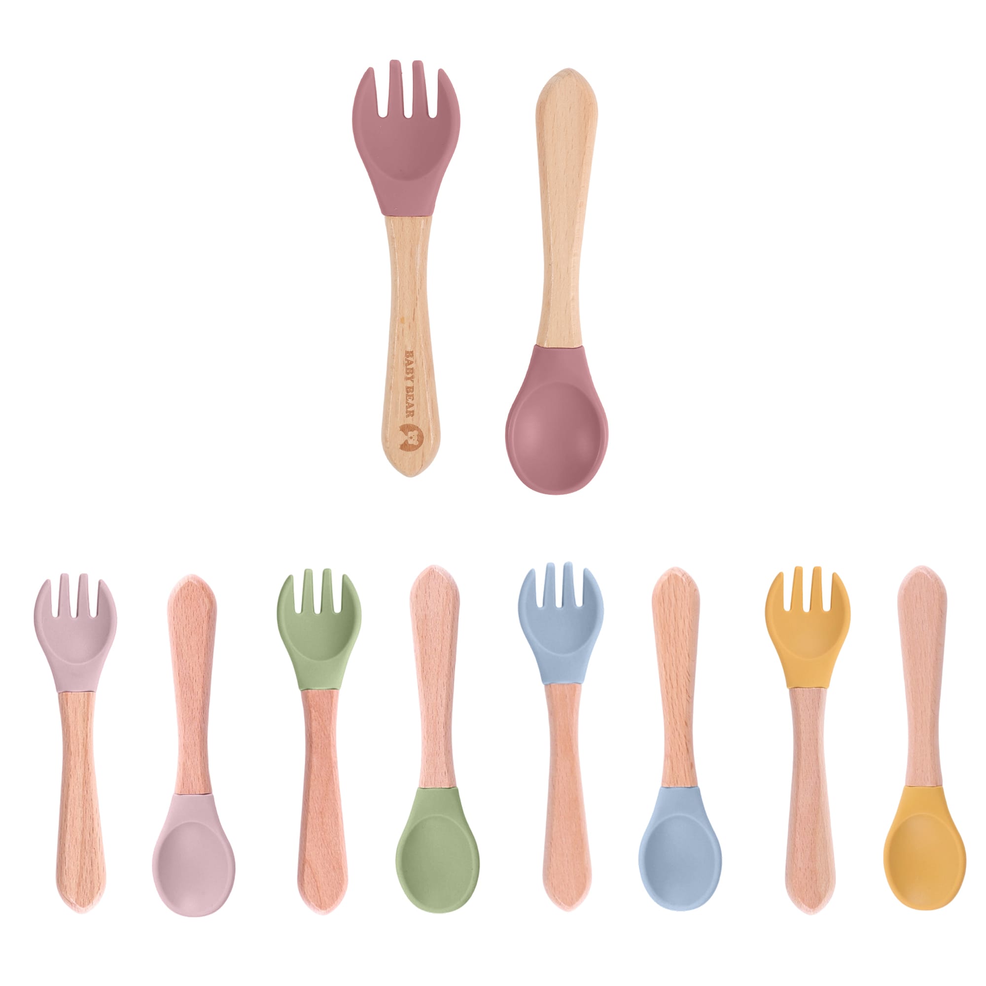 Ergonomic silicone cutlery set for kids featuring pastel colours and wooden handles, with a logo present. Ergonomic Silicone Kids Cutlery - Image 1