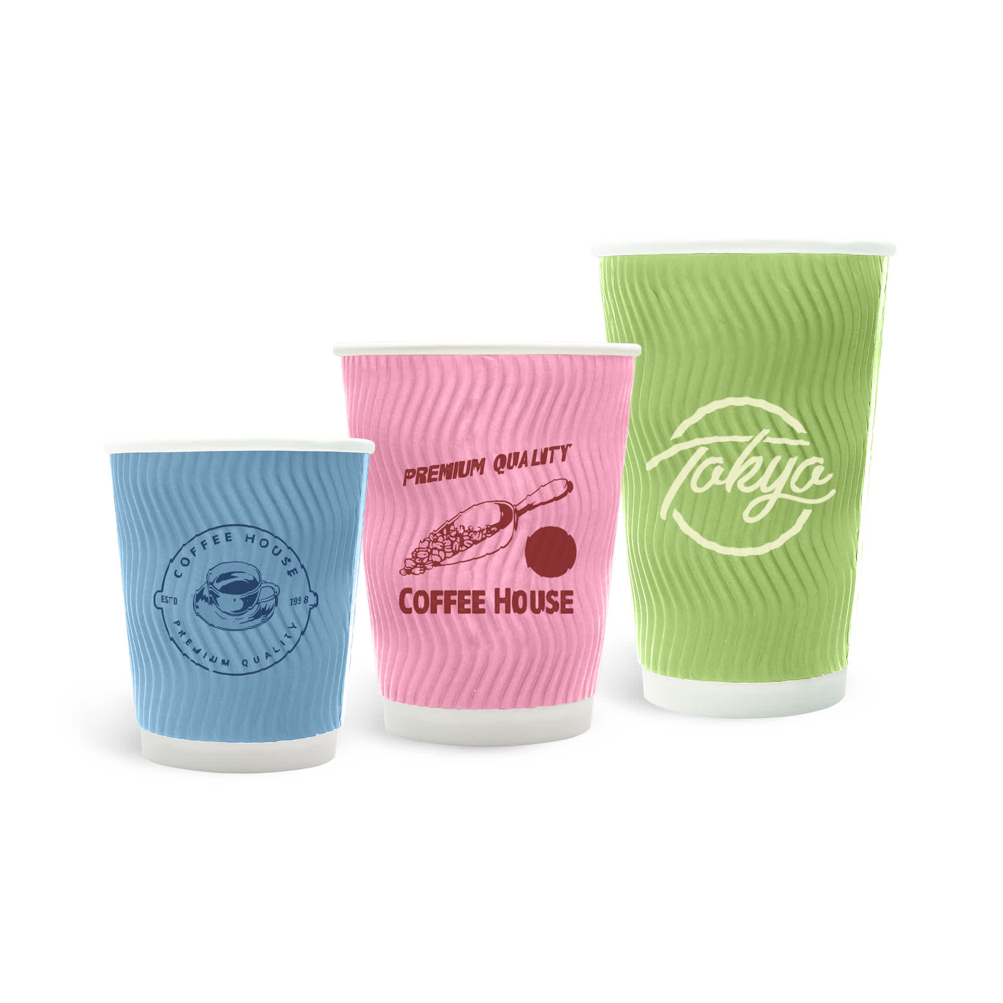 Three paper cups in blue, pink, and green, featuring a design and logo on each. They are home compostable and double-walled. Home Compostable Aqueous Corrugated Double Wall Paper Cups - Image 1
