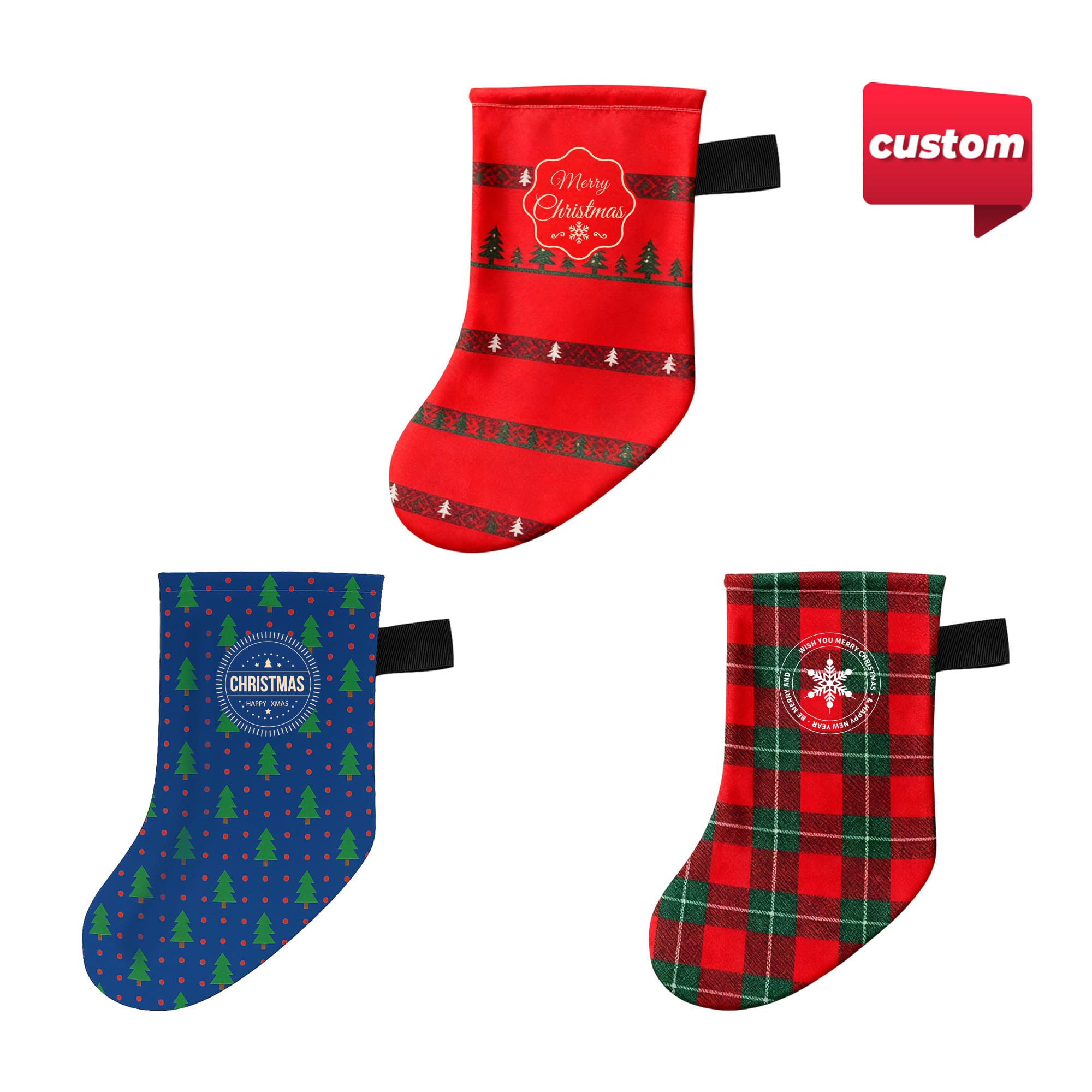 A set of three Christmas stockings, featuring red, green, and blue designs with various festive patterns and logos. Full Colour Print Christmas Stocking - Image 1