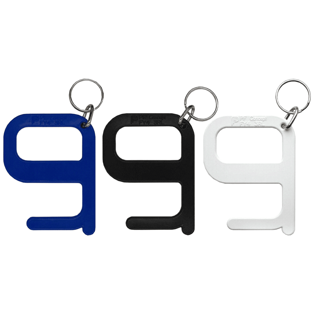 A set of three Hygiene Keys in blue, black, and white, each attached to a keyring. Hygiene Key - Image 1